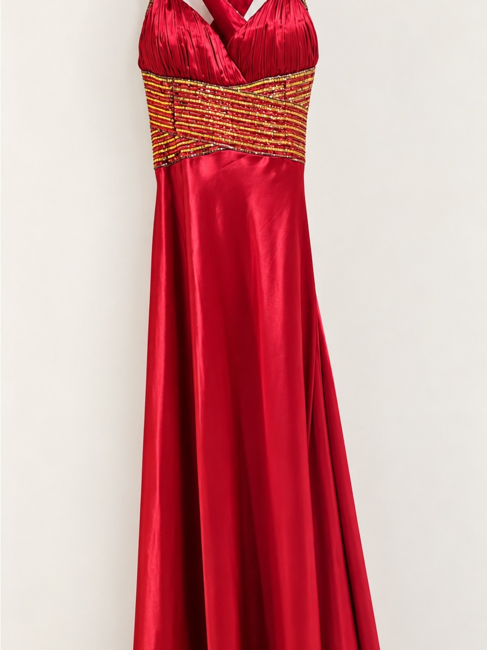 Red Beaded Empire Waist Satin Gown